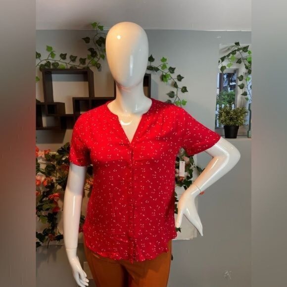 Red Floral Short-Sleeve V-Neck Woven Blouse Size‎ M RefJ001-2 - Picture 5 of 12